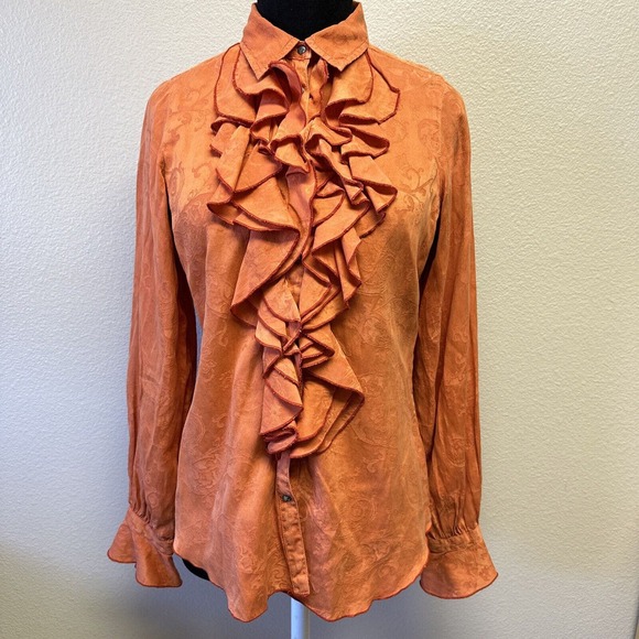 Ryan Michael Tops - Ryan Michael Small Western Silk Cotton Orange Long Sleeve Ruffle Blouse Top